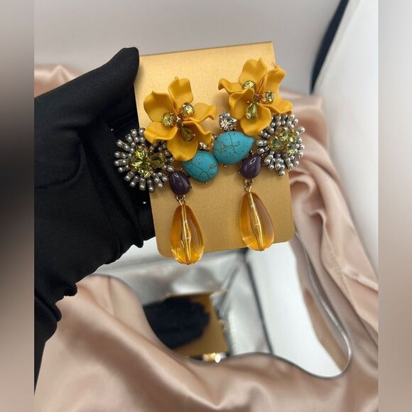 Vibrant Boho Floral and Gemstone Drop Earrings - Picture 8 of 8